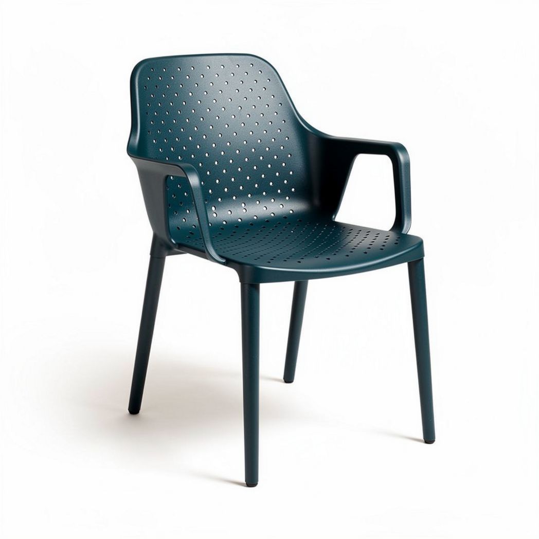 Plastic stacking chair with armrests and perforated design in dark green 45 x 55 x 80cm