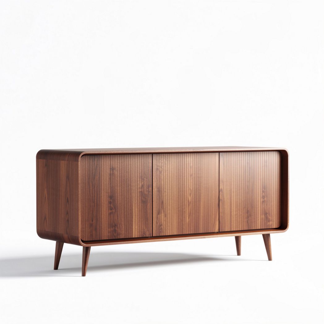 Wooden sideboard with four doors and tapered legs in walnut finish 150 x 45 x 75cm