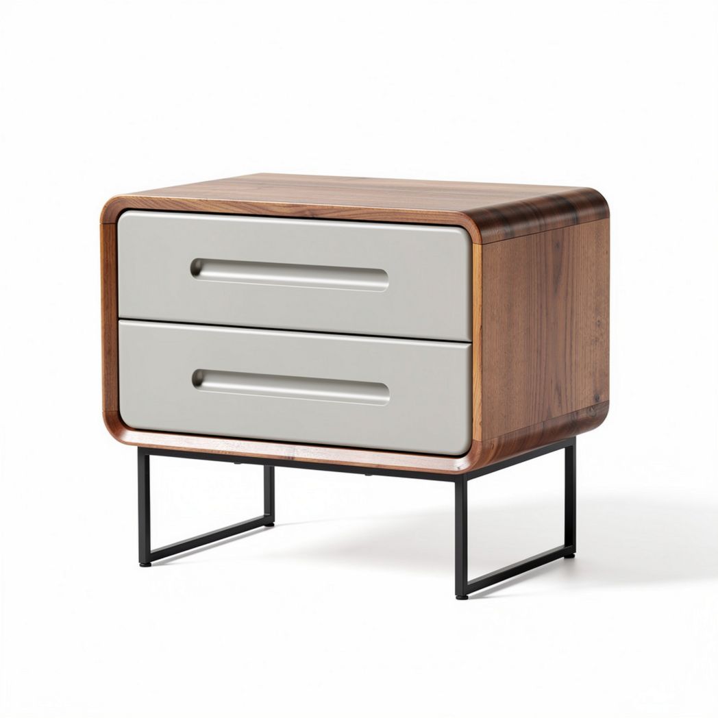 Wood and metal nightstand with two drawers in natural and gray finishes 45 x 35 x 25cm