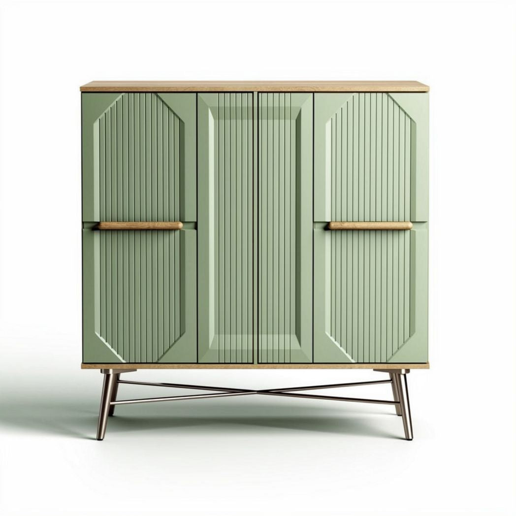 Green storage cabinet with wooden top and metal legs 80 x 40 x 100cm