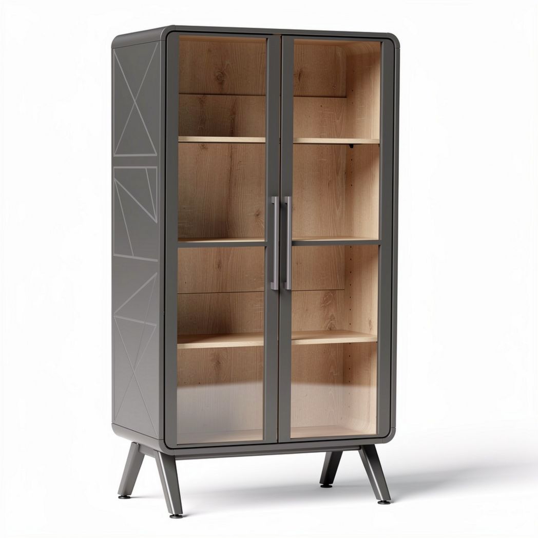 Glass front display cabinet with wooden shelves and metal frame 90 x 45 x 150cm