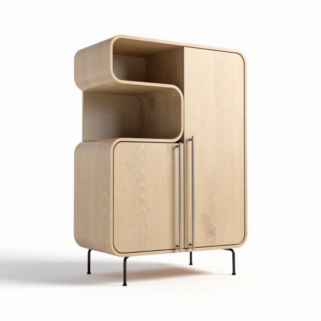 Wooden cabinet with open shelving and closed storage 80 x 40 x 120cm