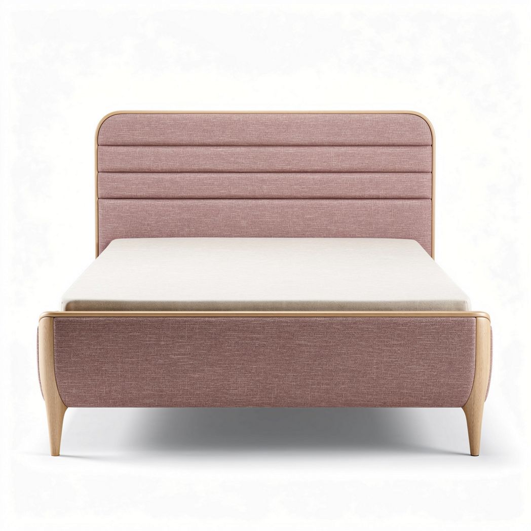 Upholstered platform bed with wooden legs in pink fabric 200 x 160 x 100cm