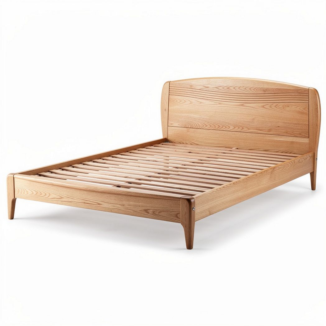 Natural wood platform bed frame with slatted base and minimalist design 200 x 150 x 30cm